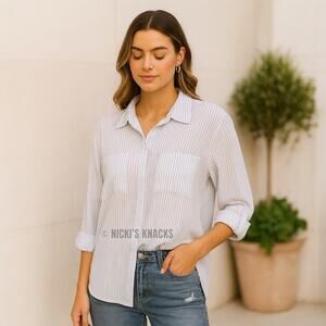 Olive & Oak Beach Day Blue White Striped Button Down Top Collared Pocket Size S